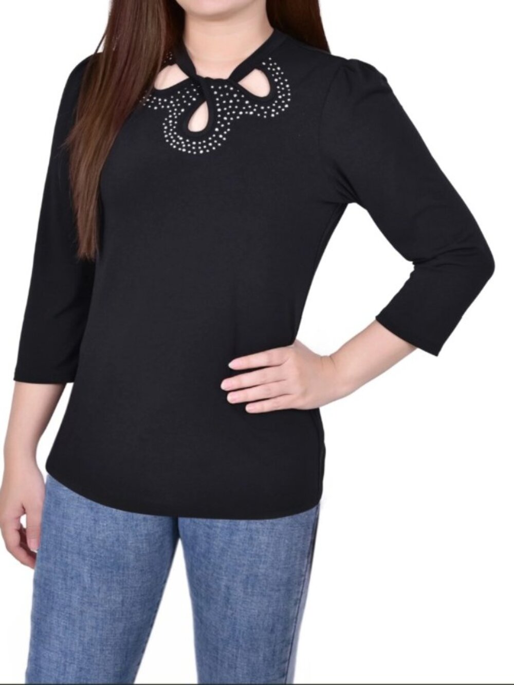 NY COLLECTION KNIT CREPE STUDDED KEYHOLE WOMEN'S TOP (MEDIUM PETITE)